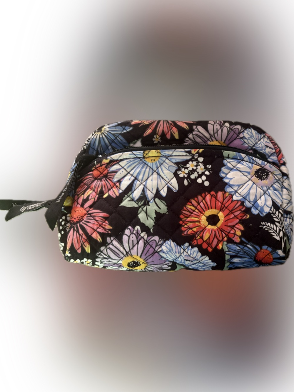 Vera Bradley Black Quilted Cosmetic Pouch with Colorful Daisy Print
